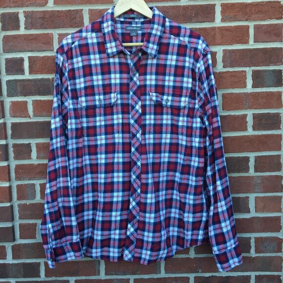 Eddie Bauer Flannel Shirt Mens XL Red Navy Plaid Button Up Classic Fit - Picture 1 of 6